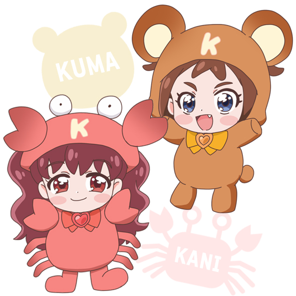 2girls, animal_costume, blue_eyes, blush, bowtie, brooch, brown_hair, chibi