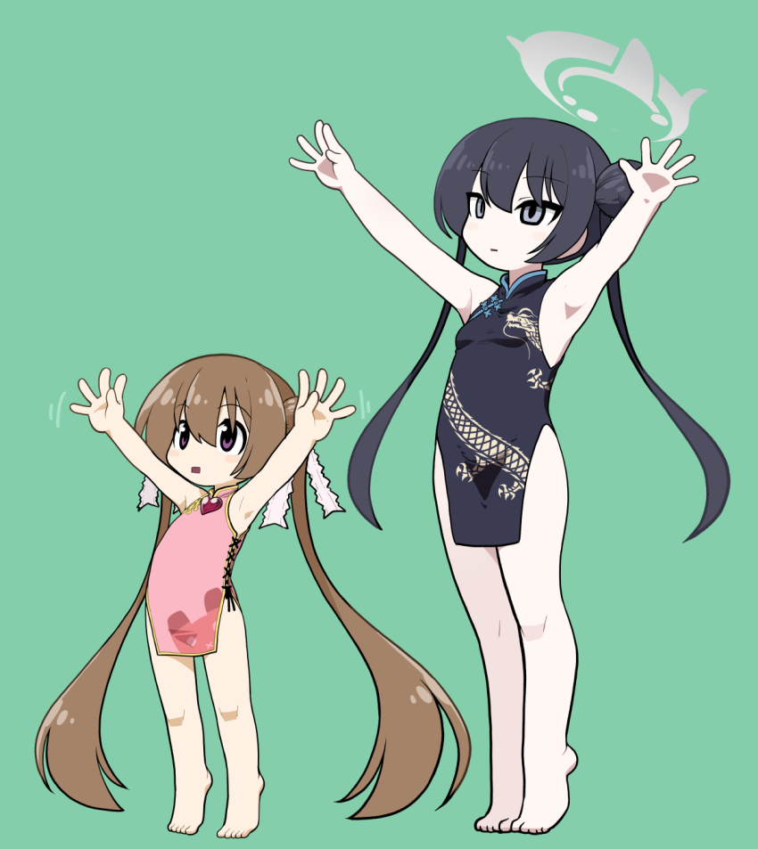 2girls, arms_up, barefoot, blue_archive, blue_dress, blue_eyes, blue_hair, breasts