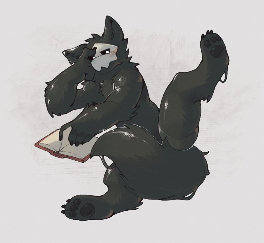 1boy, absurdres, animal_ears, blush, book, changed, claws, commentary, dama624, english_commentary, furry, furry_male, grey_background, hand_on_own_face, highres, leg_up, looking_at_viewer, male_focus, mask, open_book, pawpads, puro_(changed), reading, tail, wolf_boy, wolf_ears, wolf_tail
