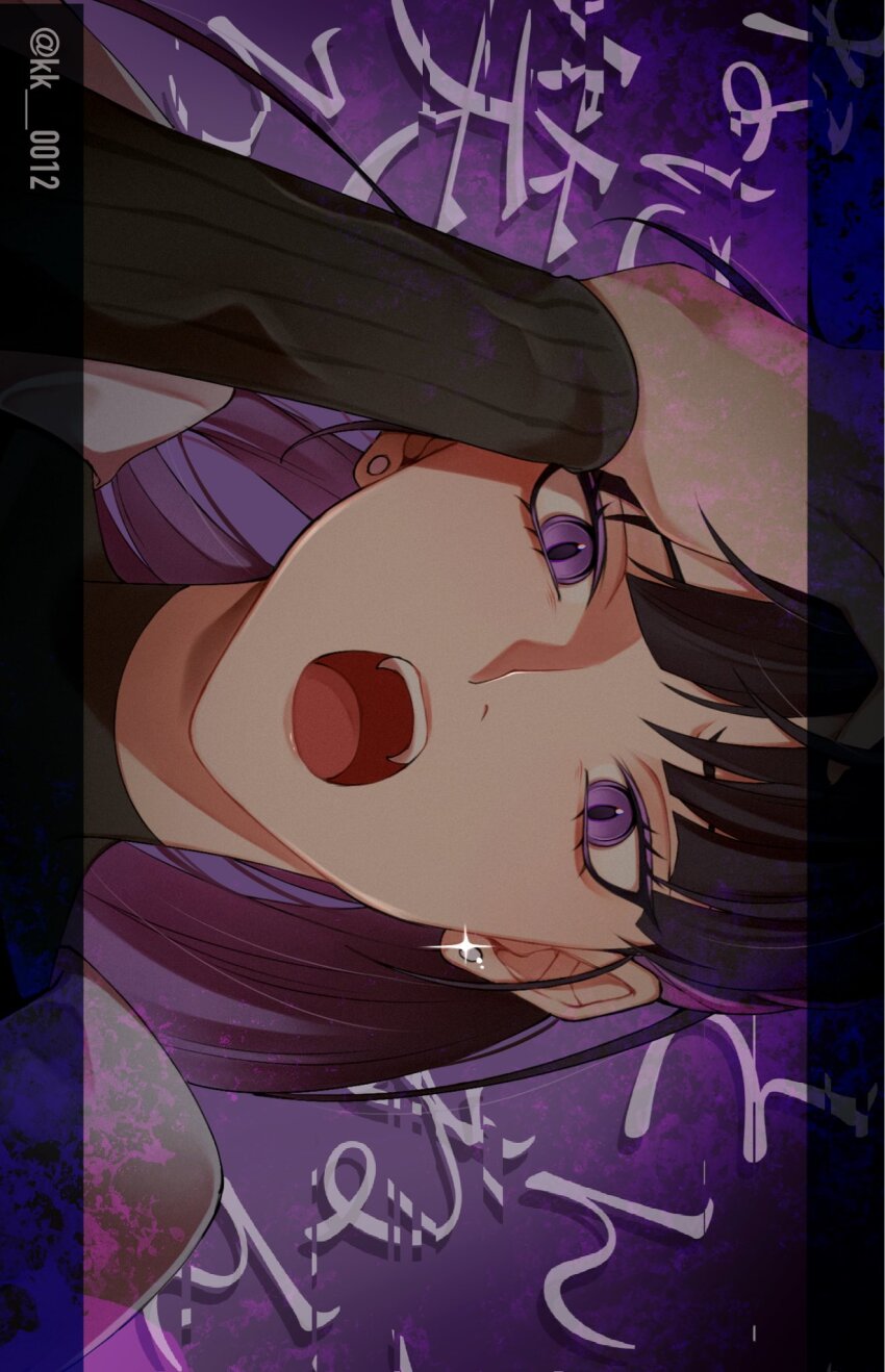 1girl, artist_name, black_hair, commentary, glint, hand_on_own_head, highres, indie_utaite