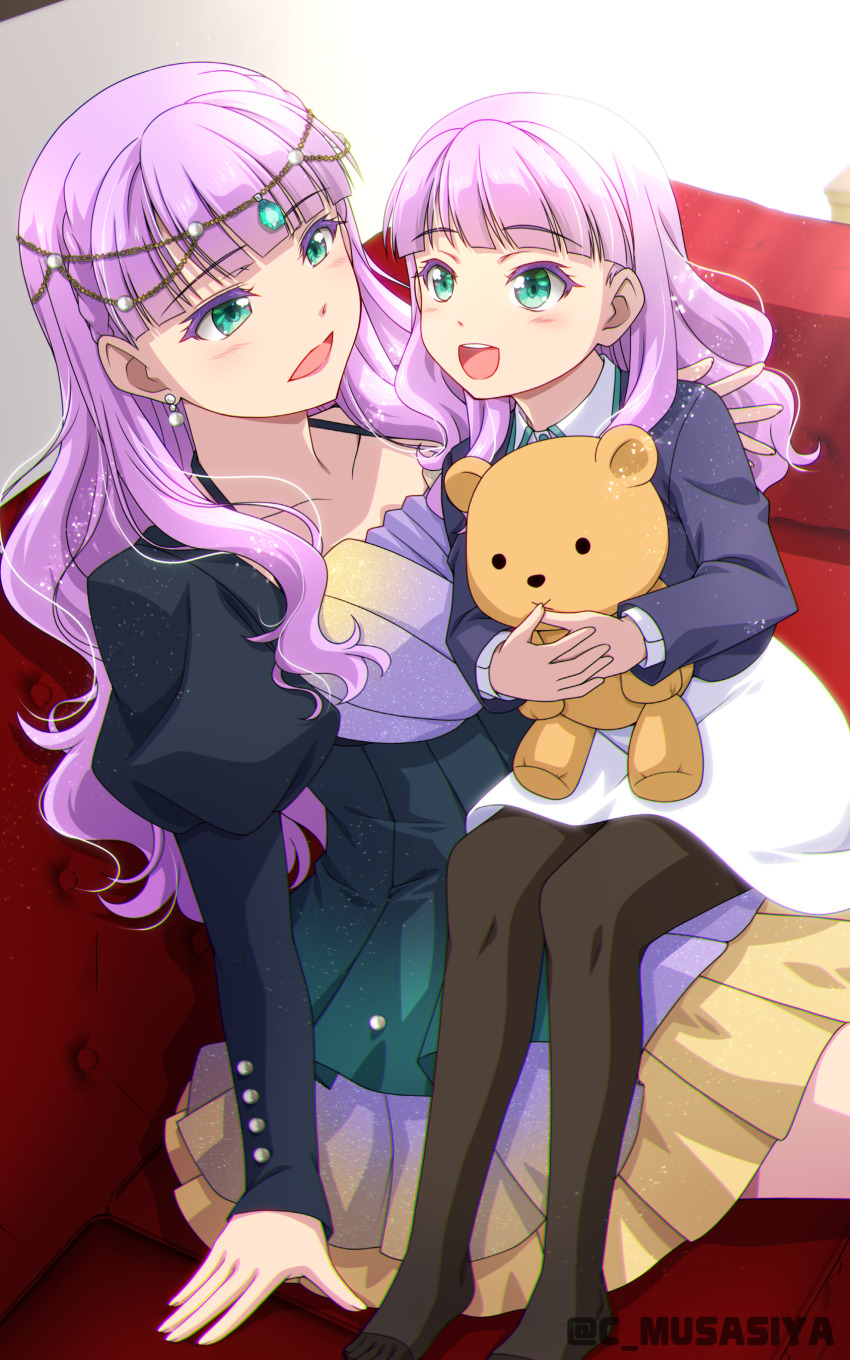 2girls, :d, absurdres, aged_down, black_dress, black_pantyhose, blunt_bangs, blush