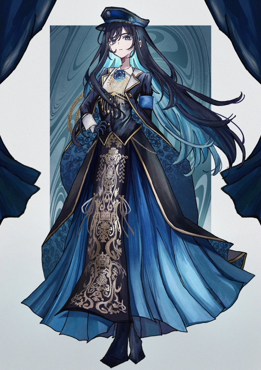 1girl, ado_(utaite), armband, black_hair, black_jacket, blue_flower, blue_gloves, blue_hair