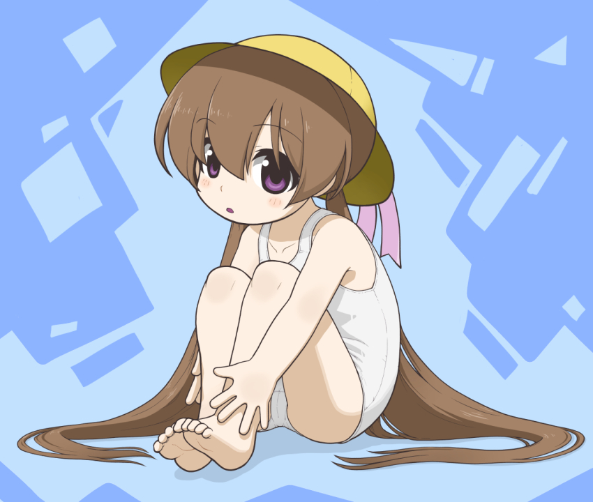 1girl, absurdly_long_hair, barefoot, blush, brown_hair, cameltoe, collarbone, colored_tongue