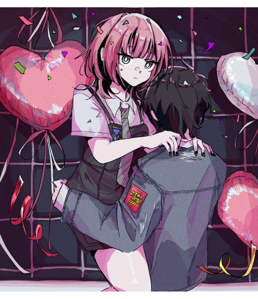 1boy, 1girl, alternate_costume, ascot, balloon, black_hair, black_nails, carrying