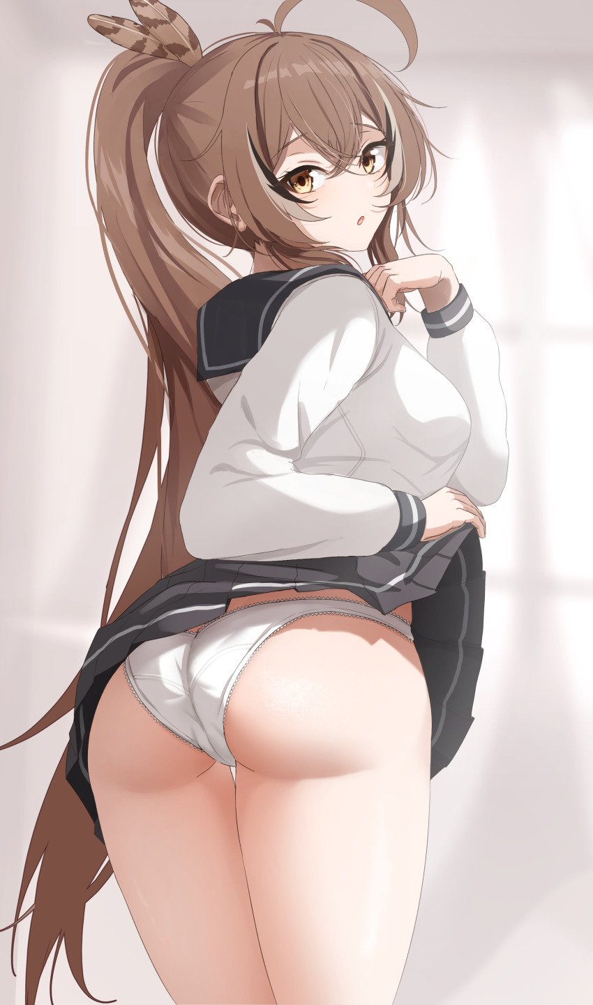 1girl, :o, absurdres, ahoge, alternate_costume, ass, black_hair, black_sailor_collar, black_skirt, breasts, brown_eyes, brown_hair, clothes_lift, commentary, cowboy_shot, crossed_bangs, dra_renard, feather_hair_ornament, feathers, hair_between_eyes, hair_ornament, highres, hololive, hololive_english, large_breasts, legs_together, lifting_own_clothes, long_hair, long_sleeves, looking_at_viewer, looking_back, multicolored_hair, nanashi_mumei, panties, parted_lips, pleated_skirt, ponytail, sailor_collar, school_uniform, shirt, skirt, skirt_lift, solo, standing, streaked_hair, untranslatable_commentary, thigh_gap, underwear, very_long_hair, virtual_youtuber, white_hair, white_panties, white_shirt