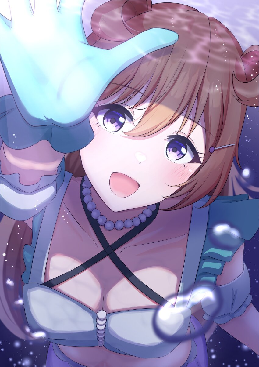 1girl, :d, absurdres, aqua_gloves, bandeau, blush, breasts, brown_hair