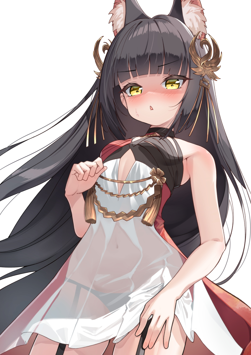 1girl, absurdres, animal_ears, azur_lane, bare_shoulders, black_hair, black_panties, blush