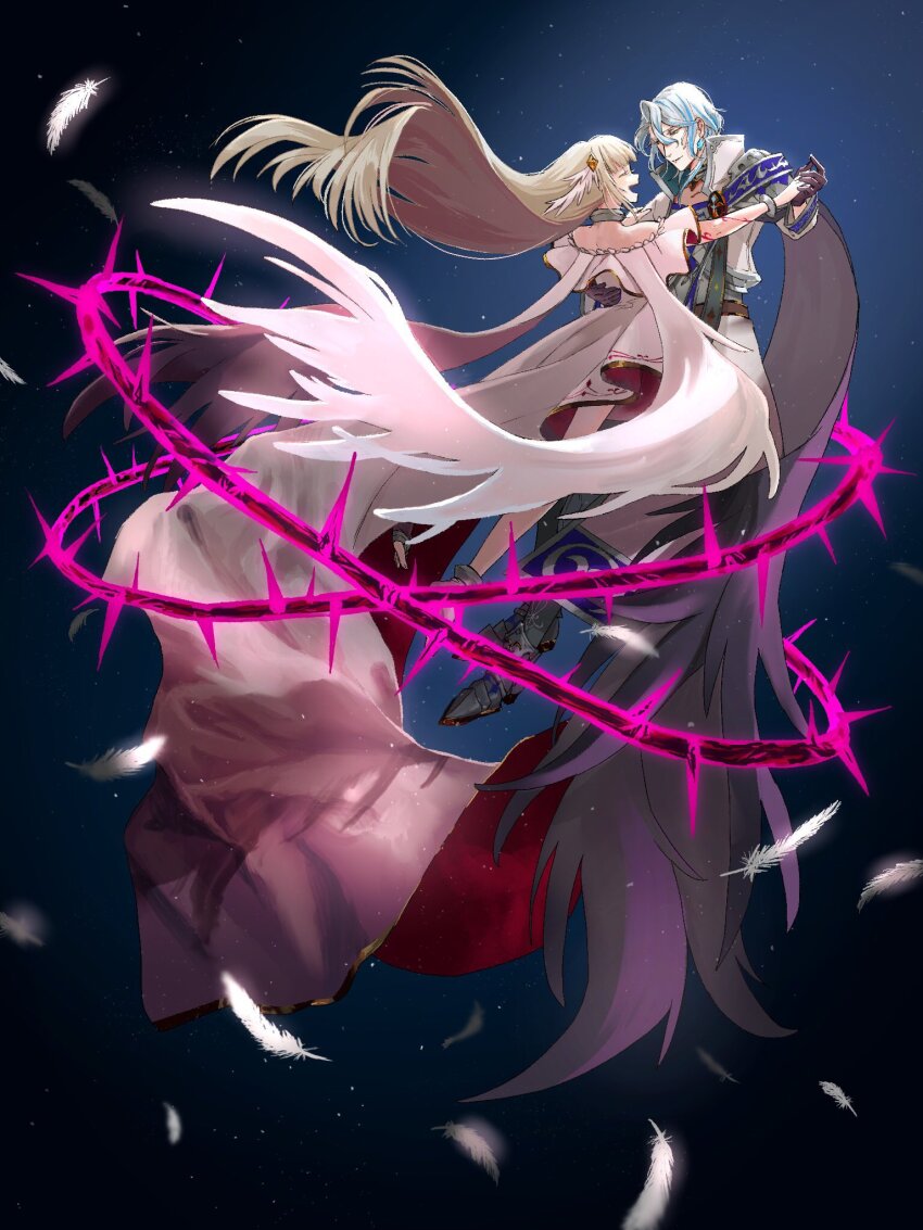 1boy, 1girl, ashley_dina, blue_hair, capelet, closed_eyes, dress, feathers, gloves, hair_ornament, highres, holding_hands, kuro_(wcat_9rin), long_hair, loussier_ellerensia, multicolored_hair, off-shoulder_dress, off_shoulder, shironeko_project, smile, streaked_hair, thorns, very_long_hair, white_capelet, white_dress, white_hair