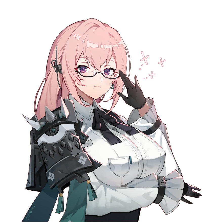 1girl, absurdres, adjusting_eyewear, black_gloves, breasts, closed_mouth, expressionless, glasses