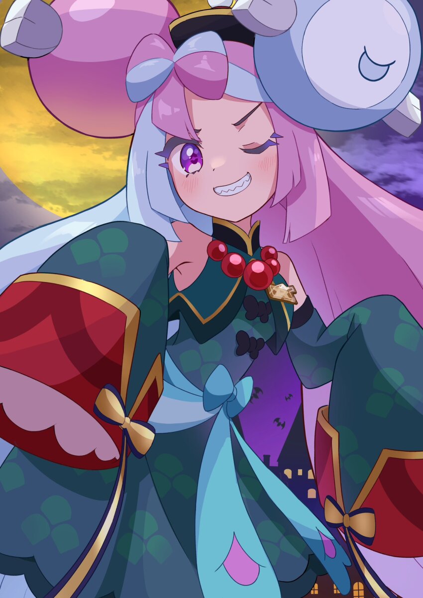 1girl, bare_shoulders, blue_hair, bow-shaped_hair, character_hair_ornament, commentary_request, detached_sleeves, dress