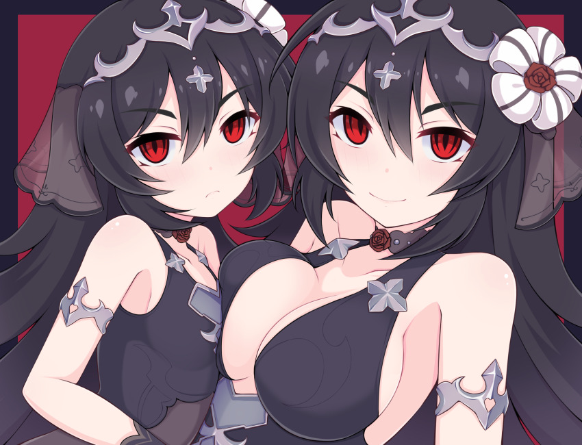 2girls, :<, age_difference, asymmetrical_docking, bare_shoulders, black_gloves, black_hair, black_veil