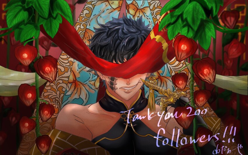 1boy, armor, bare_shoulders, black_hair, blindfold, centipede_tattoo, cheek_tattoo, chinese_clothes