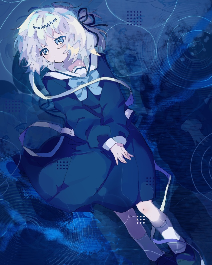 1girl, :<, afloat, ankle_socks, artist_name, ben-day_dots, blue_background, blue_bow