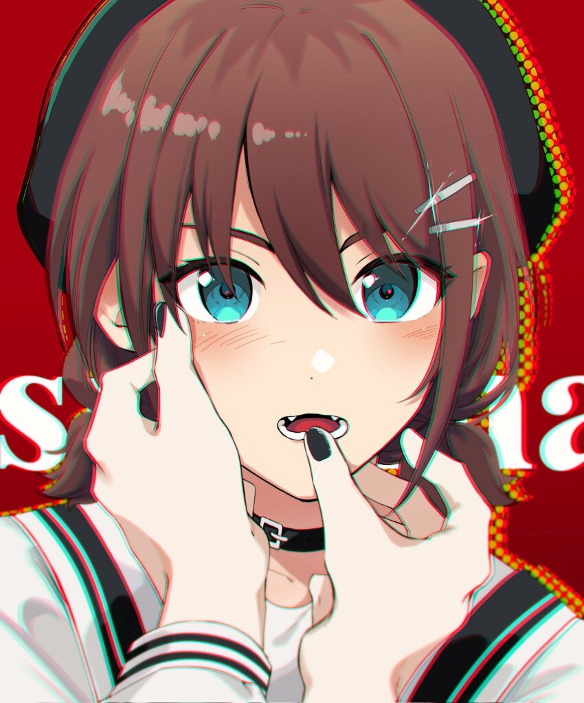 2girls, blue_eyes, chromatic_aberration, close-up, fang, female_pov, girls_band_cry, hair_ornament, hairclip, hand_on_another's_face, hat, highres, iseri_nina, kawaragi_momoka, light_blush, medium_hair, men_lan_de_miantiao_yeshi_miantiao, multiple_girls, nail_polish, open_mouth, pov, pov_hands, red_background, red_hair, simple_background, solo_focus, yuri