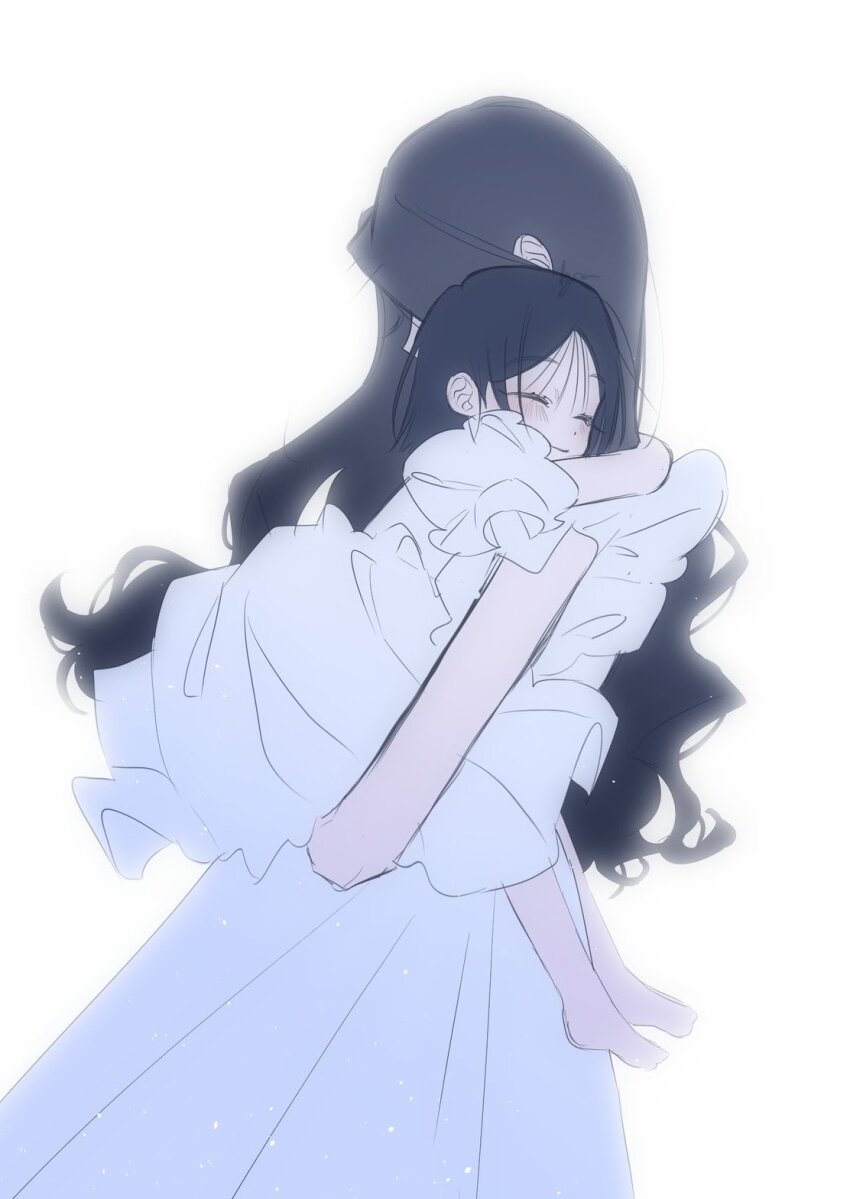 2girls, aged_down, alien_stage, barefoot, carrying, carrying_person, closed_eyes, dress