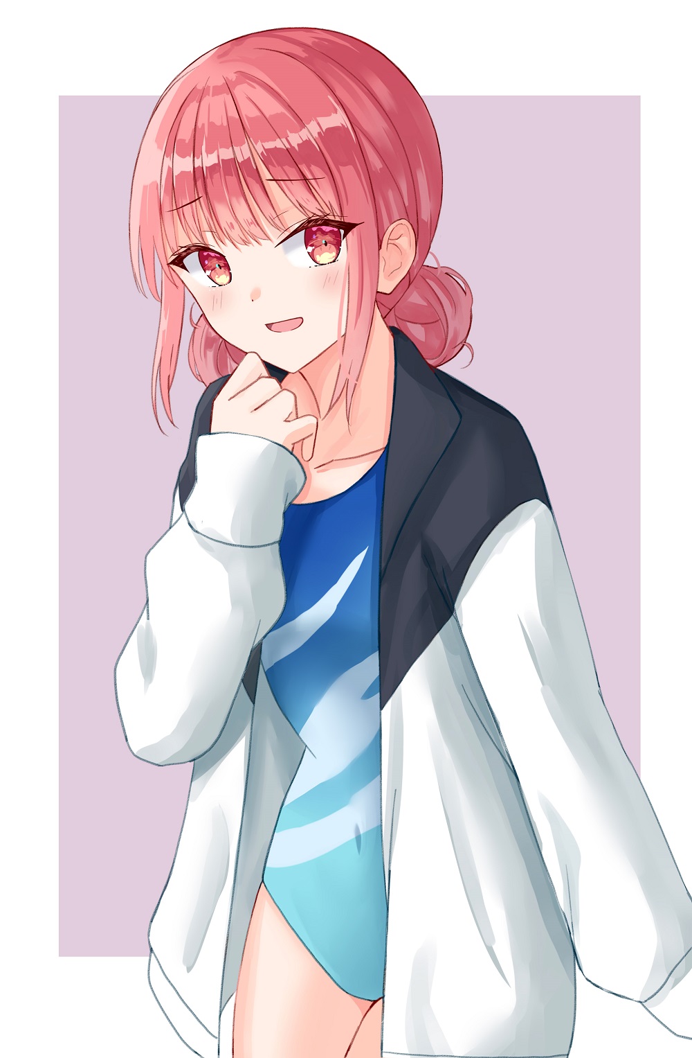 1girl, :d, akaya_(pixiv20545353), ao_no_hako, blue_one-piece_swimsuit, blush, border, chouno_hina, commentary_request, covered_navel, cowboy_shot, double_bun, hair_bun, highres, jacket, long_sleeves, looking_at_viewer, one-piece_swimsuit, open_clothes, open_jacket, open_mouth, pink_hair, puffy_long_sleeves, puffy_sleeves, purple_background, red_eyes, sleeves_past_wrists, smile, solo, standing, swimsuit, swimsuit_under_clothes, white_border, white_jacket