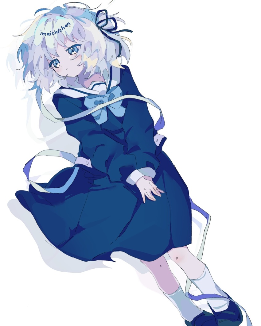 1girl, :<, ankle_socks, artist_name, blue_bow, blue_bowtie, blue_dress, blue_eyes