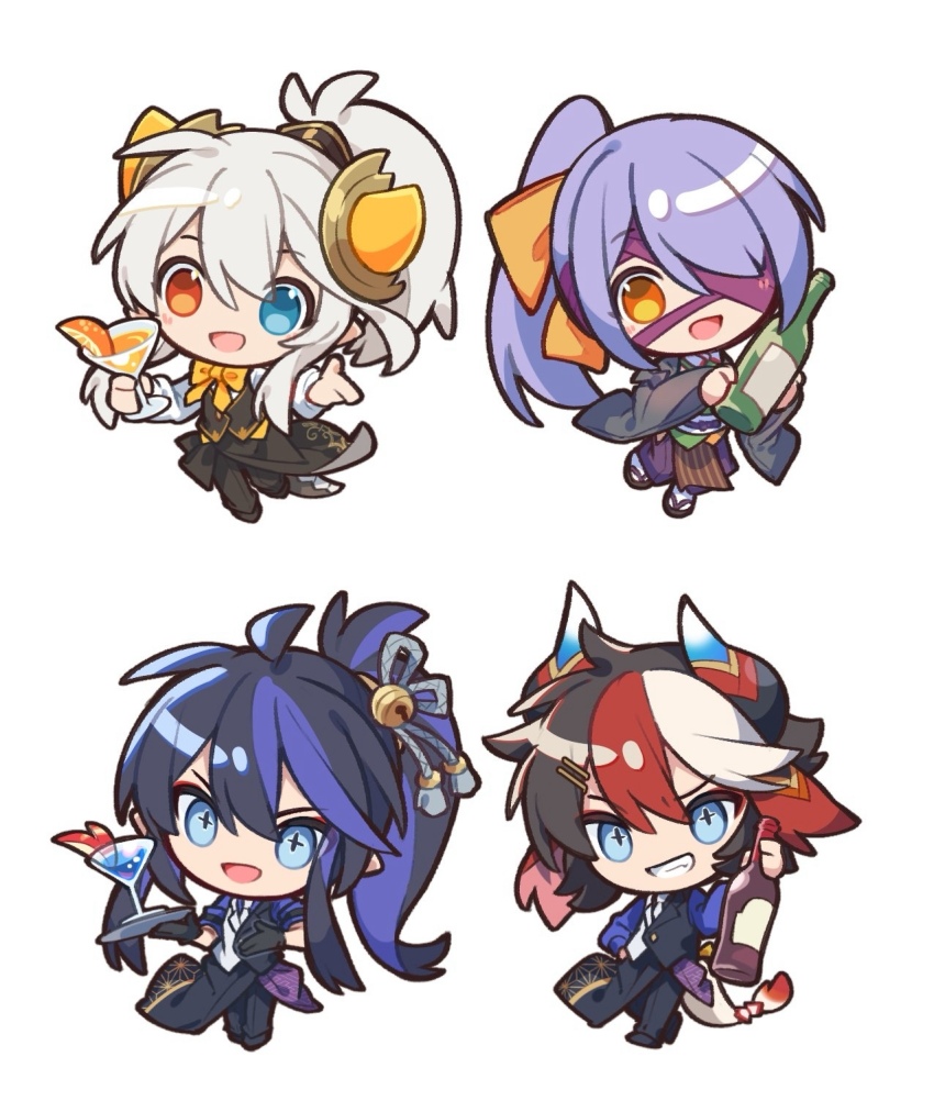 2boys, 2girls, bandage_over_one_eye, bartender, bell, black_hair, blue_eyes, bottle, bow, chibi, chibi_only, cup, dragon_girl, dragon_horns, drinking_glass, gloves, hair_bell, hair_between_eyes, hair_bow, hair_ornament, heterochromia, highres, horns, ideal_(p&amp;d), japanese_clothes, kurotobi_(p&amp;d), kuuron_(moesann17), long_hair, long_sleeves, multicolored_hair, multiple_boys, multiple_girls, open_mouth, pointy_ears, ponytail, purple_hair, puzzle_&amp;_dragons, red_eyes, red_hair, sake_bottle, shirt, smile, suou_(p&amp;d), touka_(p&amp;d), vest, white_background, white_hair, white_shirt, wine_bottle, wine_glass