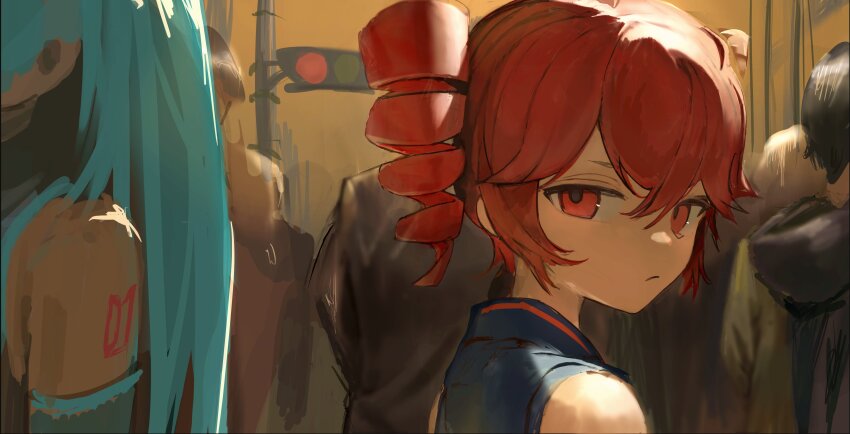 2girls, :/, absurdres, aqua_hair, black_sleeves, commentary, crowd, detached_sleeves