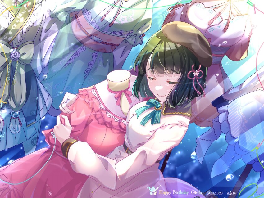 1girl, aoku_haruka, aoku_haruka/flower, beret, black_hair, blunt_bangs, blunt_ends, breasts