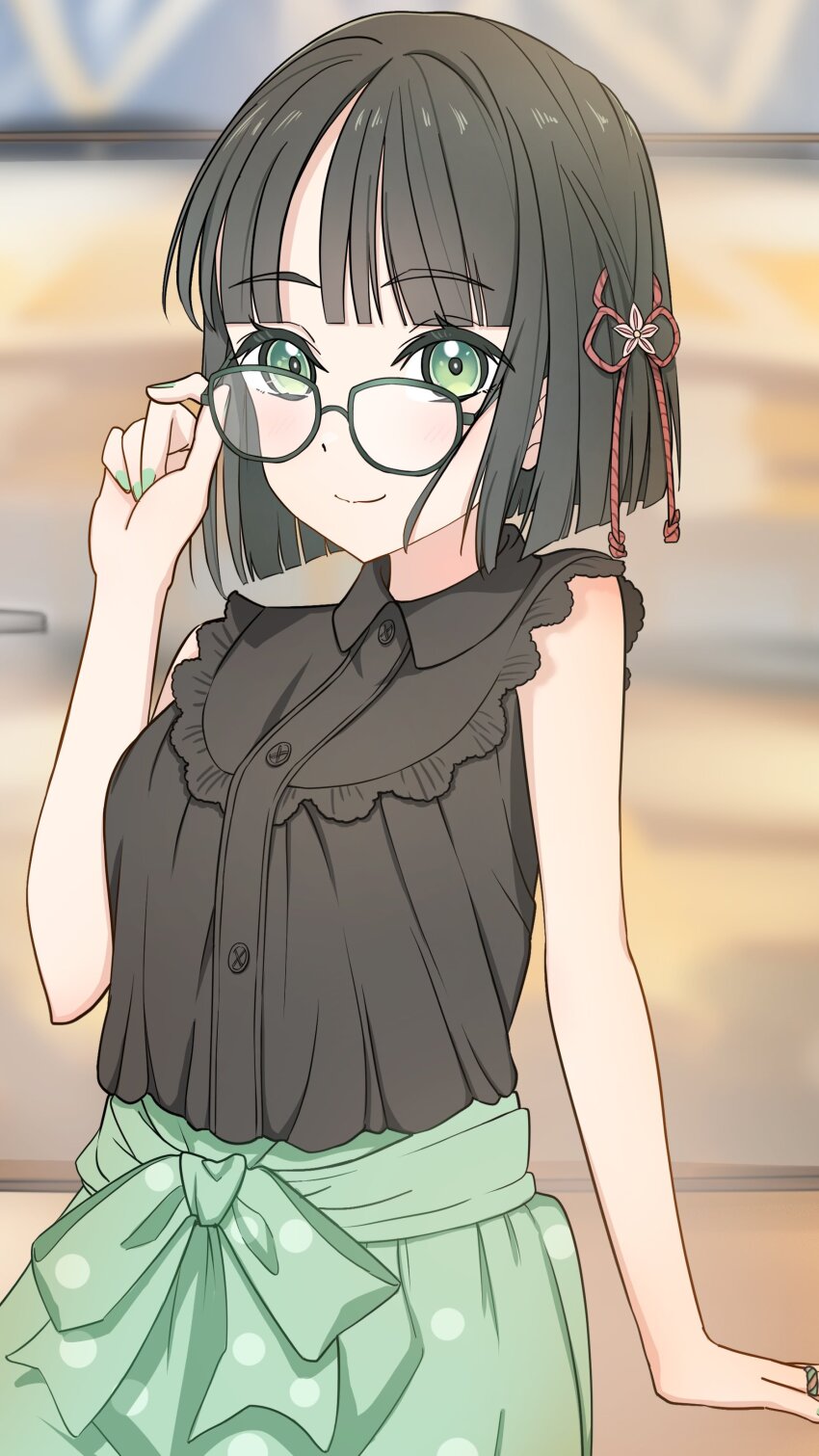 1girl, absurdres, black_hair, black_shirt, blunt_bangs, blunt_ends, blurry, blurry_background