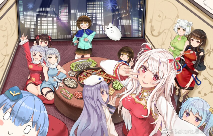 >_<, 6+girls, :3, anshan_(warship_girls_r), black_hair, blue_dress, blue_hair, blunt_bangs