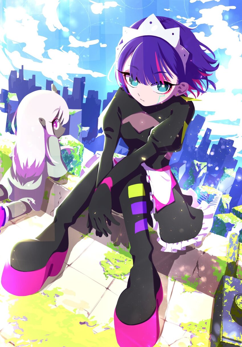 2023, 2girls, android, apron, aqua_eyes, black_pantyhose, child, colored_inner_hair