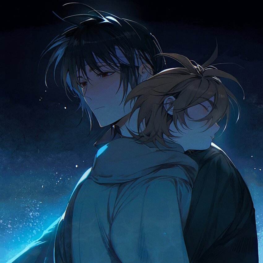 2boys, bandaged_head, bandages, black_jacket, brown_hair, chinese_commentary, closed_eyes, closed_mouth, commentary_request, film_grain, grey_hoodie, harada_minoru, head_on_another's_shoulder, highres, hood, hoodie, isoi_reiji, jacket, jiuc_000, long_sleeves, male_focus, multiple_boys, night, red_eyes, saibou_shinkyoku, short_hair, sky