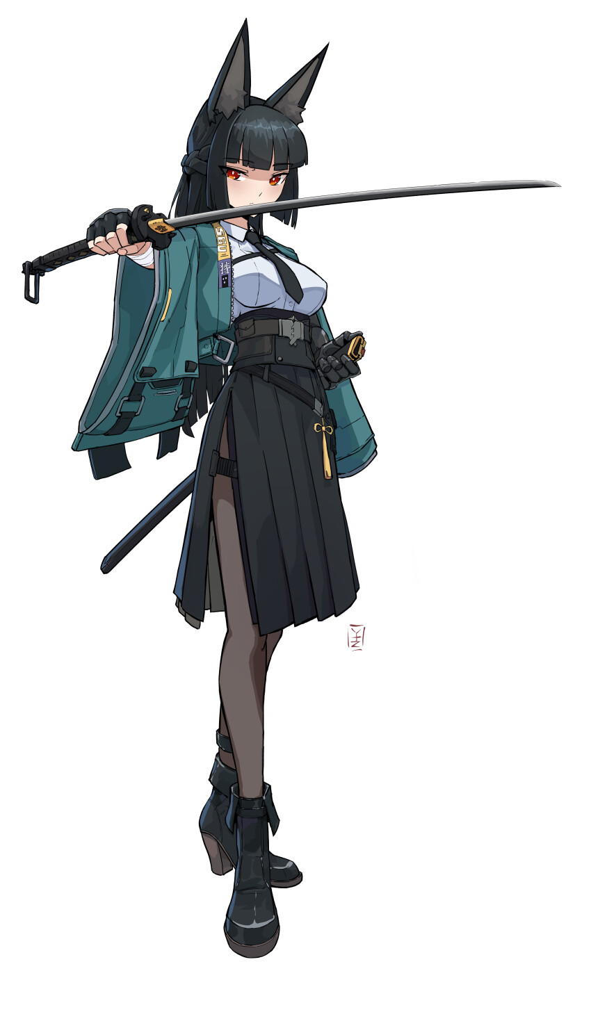 1girl, absurdres, animal_ear_fluff, animal_ears, black_footwear, black_gloves, black_necktie, black_pantyhose