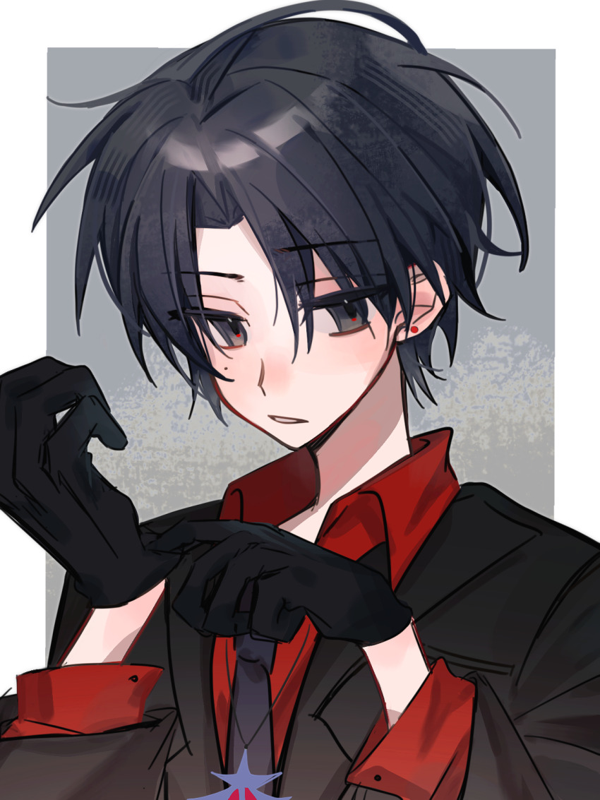 1boy, black_eyes, black_gloves, black_hair, black_jacket, black_necktie, border, chinese_commentary, collared_shirt, commentary_request, curtained_hair, earrings, gloves, grey_background, hands_up, highres, jacket, jewelry, lapels, long_sleeves, male_focus, mole, mole_under_eye, necktie, notched_lapels, outside_border, parted_bangs, parted_lips, red_shirt, shirt, short_hair, solo, stud_earrings, swider, touqi_guaitan, upper_body, white_border, zhu_yaoxing