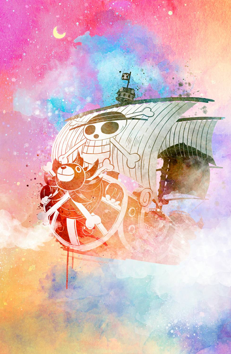 boat, cloud, commentary, english_commentary, flag, highres, jolly_roger, moon, no_humans, one_piece, painting_(medium), penelope_paws, prow, sky, straw_hats_jolly_roger, thousand_sunny, traditional_media, veil, watercolor_(medium), watercraft