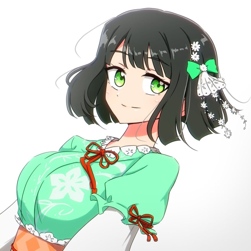 1girl, aoku_haruka, black_hair, blunt_bangs, blunt_ends, breasts, closed_mouth, commentary_request