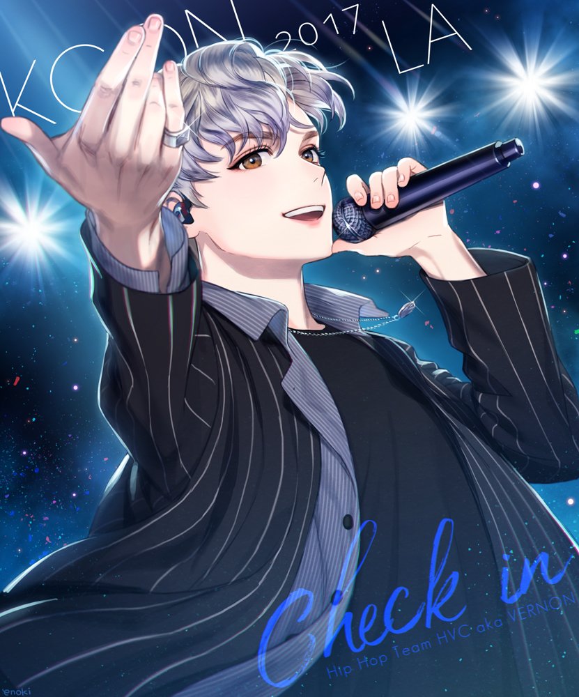 1boy, 2017, black_shirt, brown_eyes, collared_shirt, eno_bw, glint, grey_hair