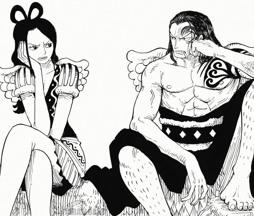 1boy, 1girl, abs, chest_tattoo, cigarette, commentary, crossed_legs, english_commentary