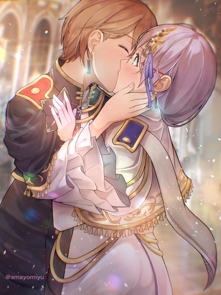 2girls, amayomiyu, black_jacket, blonde_hair, french_kiss, frilled_sleeves, frills, glasses, green_eyes, grey_hair, hair_ornament, hair_over_shoulder, hand_on_another's_neck, heaven_burns_red, izumi_yuki, izumi_yuki_(princess_by_your_side), jacket, kayamori_ruka, kayamori_ruka_(the_feel_of_the_throne), kiss, long_hair, low-tied_long_hair, multiple_girls, neck_grab, round_eyewear, short_hair, yuri