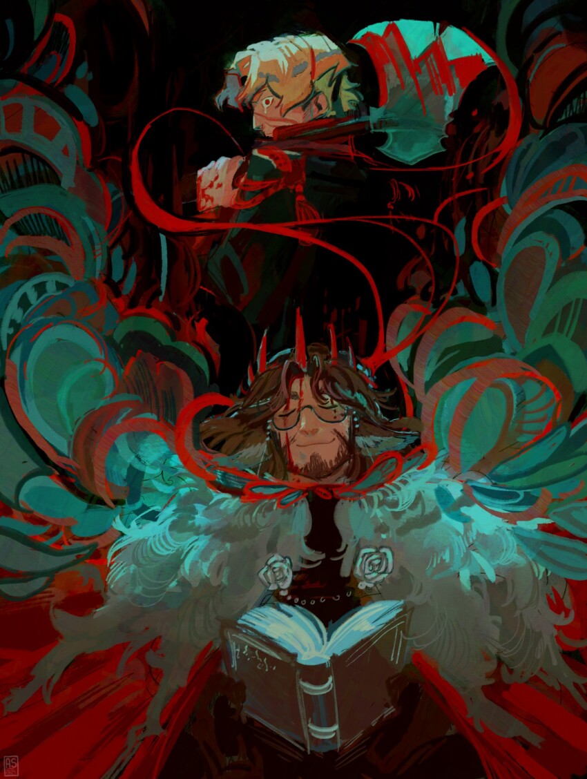 2boys, 3rd_life_smp, animal_ears, applestruda, axe, blonde_hair, book, brown_hair, cape, closed_eyes, commentary, crown, english_commentary, flower, fur-trimmed_cape, fur_trim, highres, holding, holding_axe, holding_book, inthelittlewood, male_focus, minecraft_youtube, multiple_boys, official_alternate_costume, painterly, red_cape, red_eyes, red_theme, rendog, rendog_(red_king), rose, string, string_of_fate, sunglasses, traffic_life_series, white_flower, white_rose, yogscast