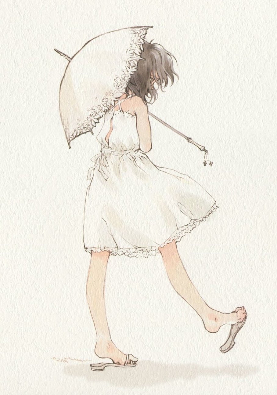 1girl, bare_shoulders, dress, flip-flops, full_body, grey_eyes, grey_hair, haruno_kotori