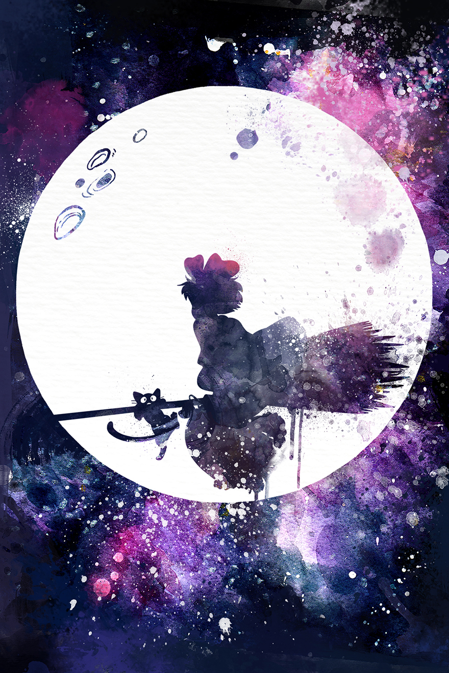 1girl, animal, back, basket, bow, broom, broom_riding, cat, dress, hair_bow, highres, jiji_(majo_no_takkyuubin), kiki_(majo_no_takkyuubin), majo_no_takkyuubin, moon, night, painting_(medium), penelope_paws, red_bow, short_hair, sky, tail, traditional_media, watercolor_(medium), whiskers