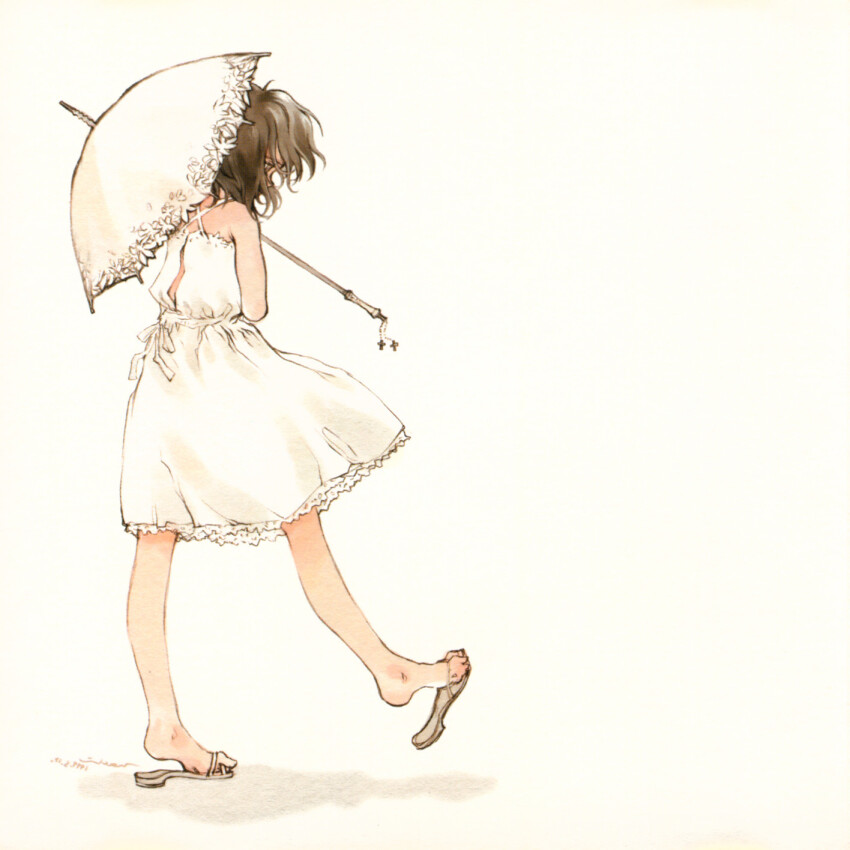 1girl, bare_shoulders, dress, flip-flops, full_body, grey_eyes, grey_hair, haruno_kotori