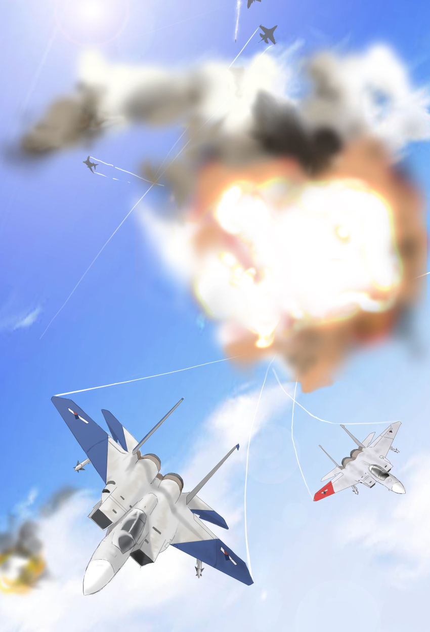 absurdres, ace_combat, ace_combat_zero, aerial_battle, aircraft, airplane, bad_id, bad_pixiv_id, battle, cloud, contrail, day, explosion, f-15, f-15_eagle, f-4_phantom_ii, fighter_jet, flugel, flying, highres, military, military_vehicle, missile, no_humans, sky, vehicle_focus