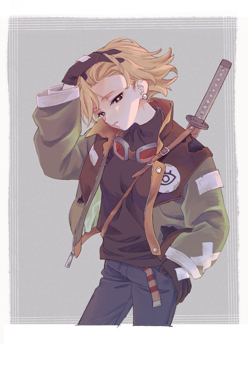 1girl, asymmetrical_bangs, black_gloves, black_shirt, blonde_hair, blue_pants, border, bright_pupils