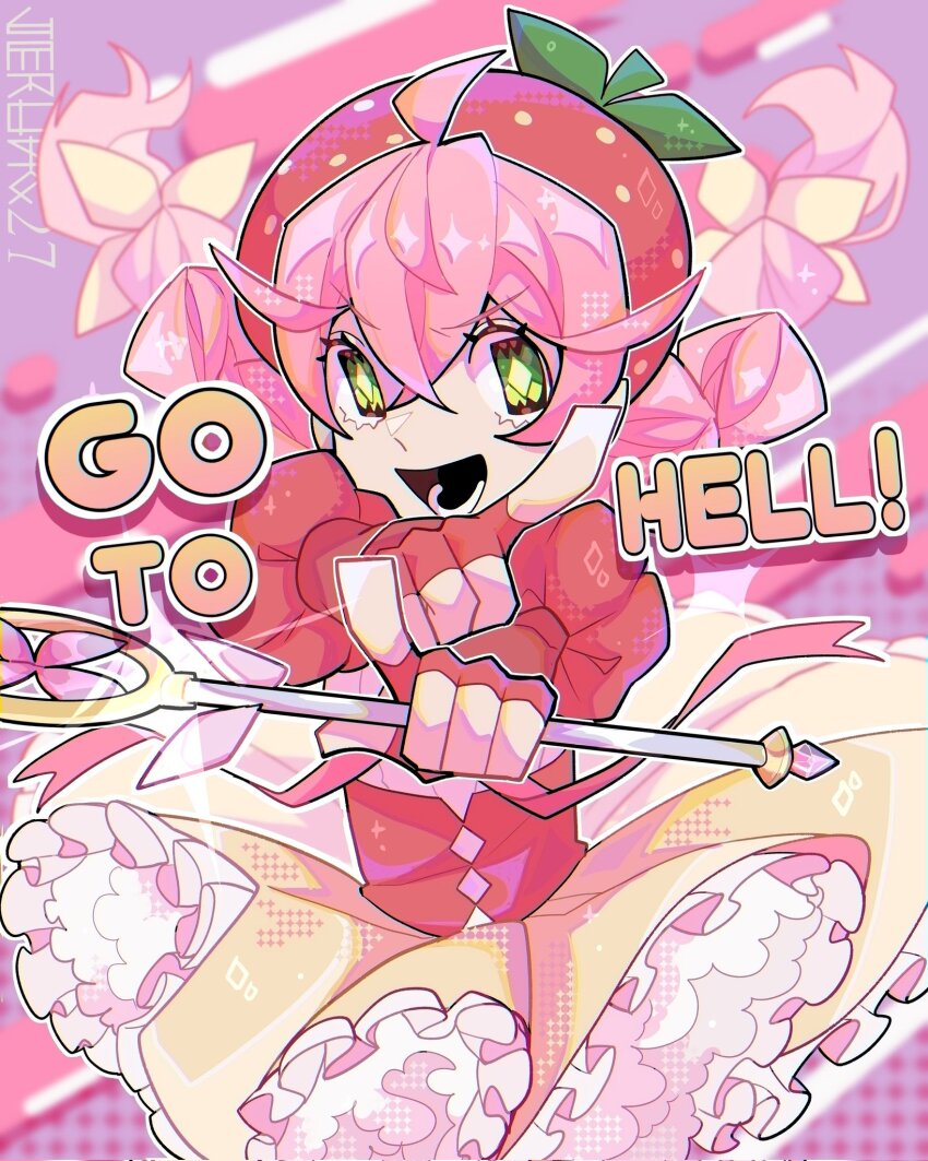 1girl, :d, acro_trip, ahoge, artist_name, berry_blossom, braid, crossed_bangs