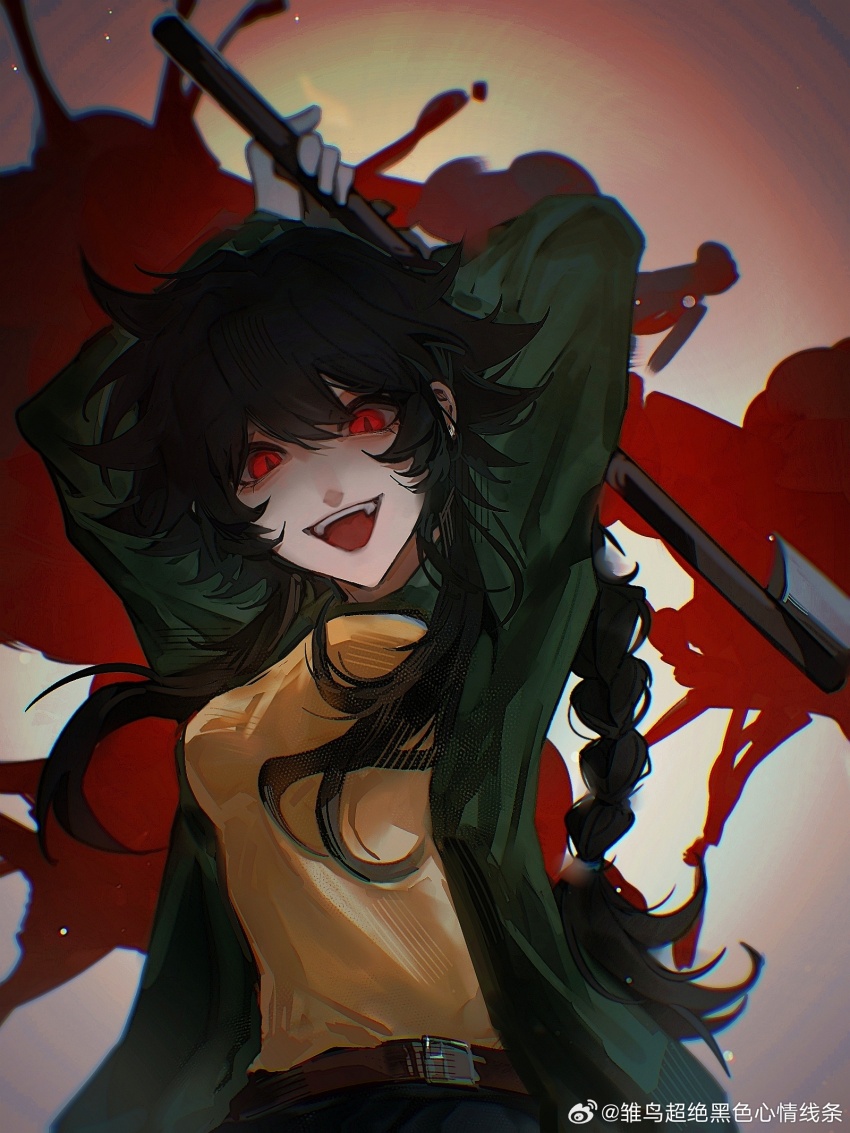 1girl, axe, belt, black_hair, blood, blood_splatter, braid, breasts