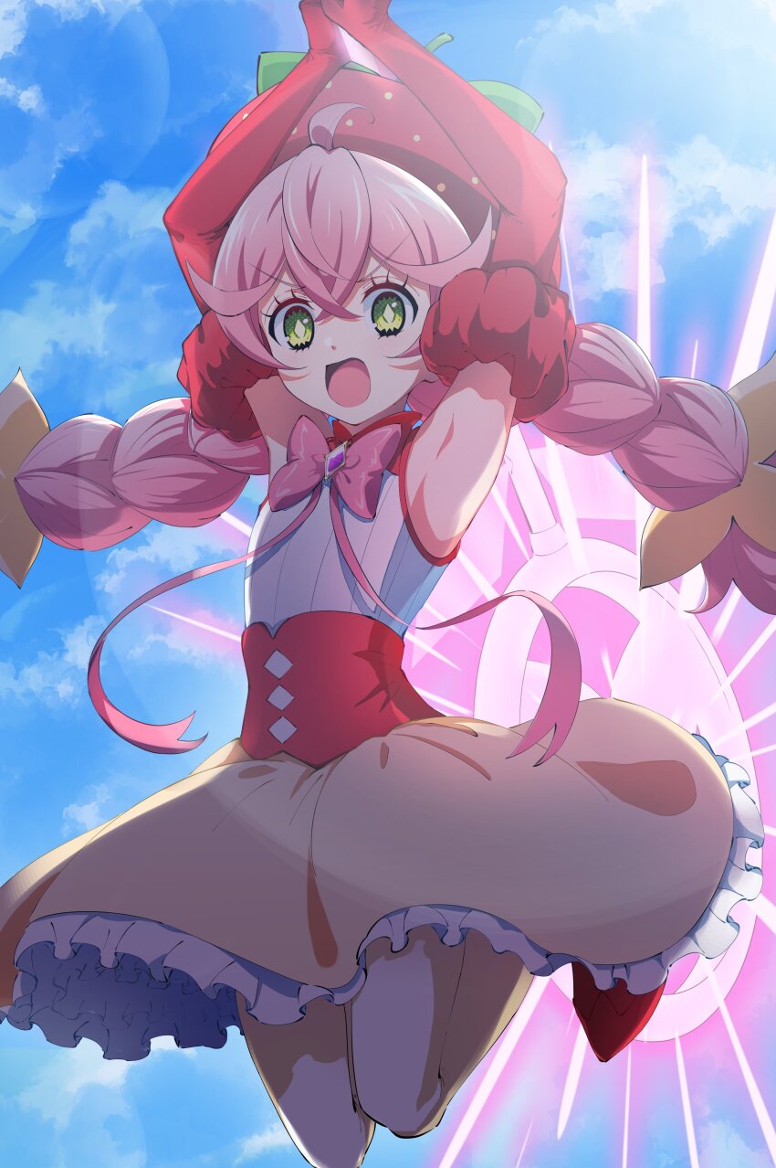 1girl, :d, absurdres, acro_trip, armpits, arms_up, berry_blossom, blue_sky