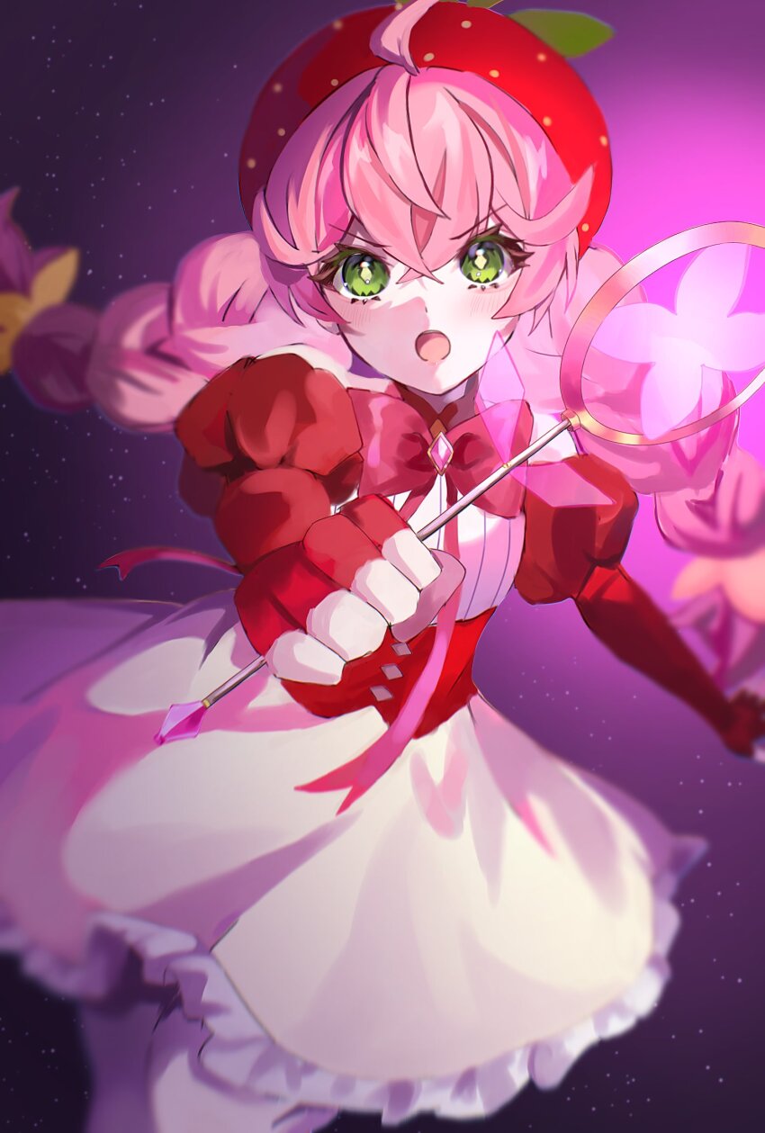 1girl, acro_trip, ahoge, berry_blossom, braid, crossed_bangs, fingerless_gloves, frilled_skirt