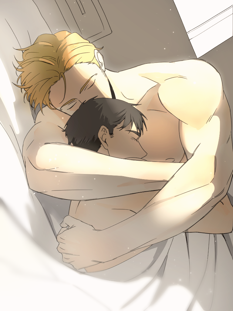 2boys, afterglow, ao_isami, black_hair, blonde_hair, couple, covering_privates, cuddling