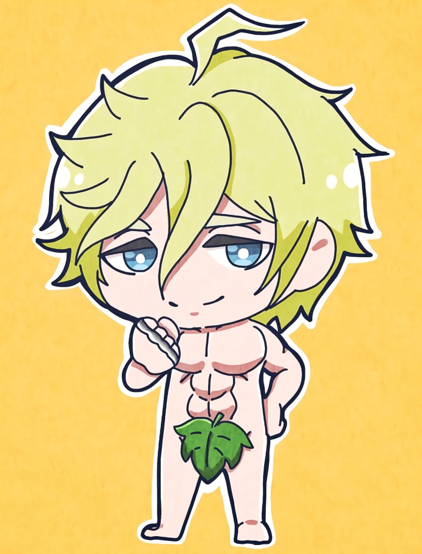 1boy, abs, adam_(shuumatsu_no_valkyrie), ahoge, blonde_hair, blue_eyes, brass_knuckles, clenched_hand, completely_nude, covering_privates, derutta, full_body, hair_between_eyes, half-closed_eyes, hand_on_own_hip, hand_up, highres, jitome, leaf, leaf_censor, looking_at_viewer, male_focus, muscular, muscular_male, nude, pectorals, short_hair, shuumatsu_no_valkyrie, smile, solo, standing, toned, toned_male, weapon, yellow_background