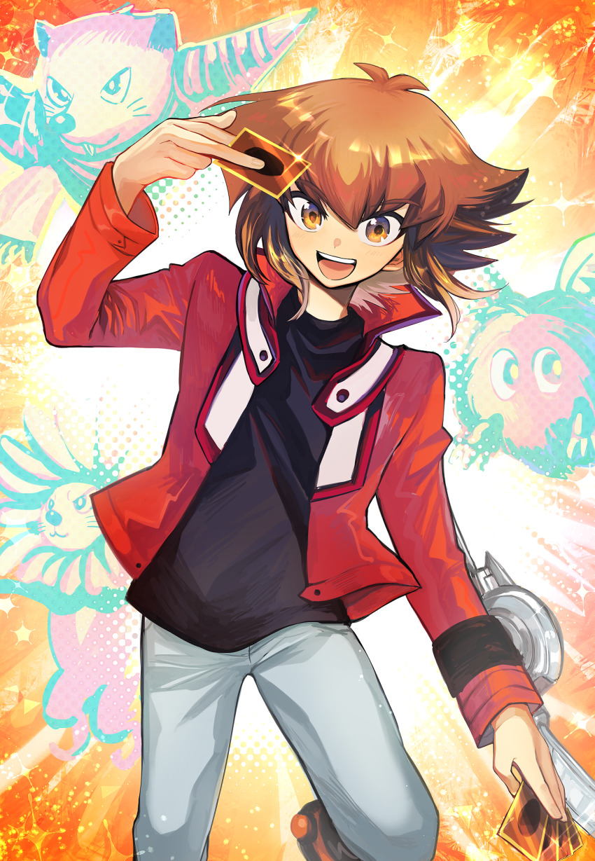 1boy, black_shirt, brown_hair, card, dandy_lion, deck_of_cards, foot_out_of_frame, grey_pants, halftone, halftone_background, highres, holding, holding_card, jacket, male_focus, neo-spacian_grand_mole, open_clothes, open_jacket, open_mouth, orange_background, orange_eyes, pants, red_jacket, shirt, sk816, smile, sparkle, teeth, white_background, winged_kuriboh, yu-gi-oh!, yu-gi-oh!_gx, yuki_judai
