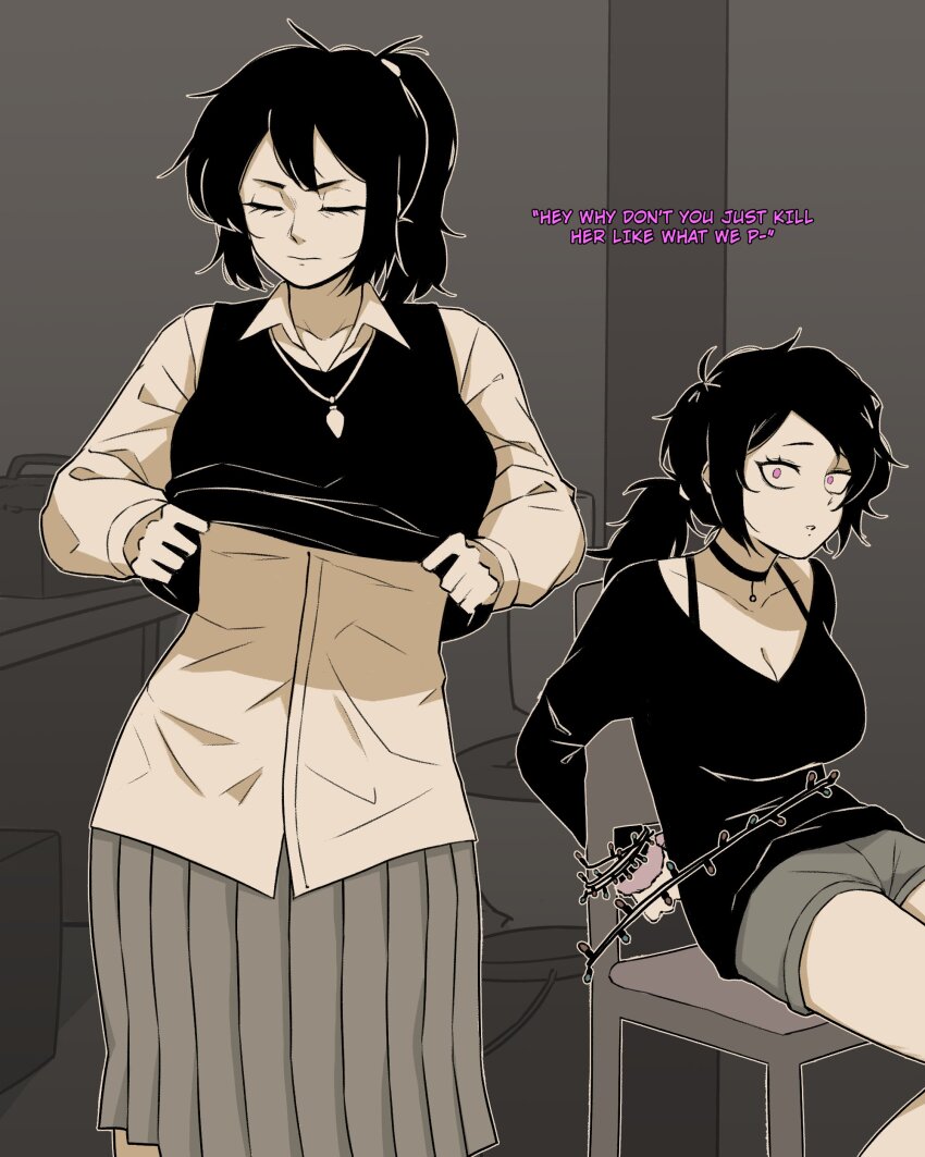 2girls, absurdres, arms_behind_back, ashley_graves, bra_strap, breasts, chair, choker