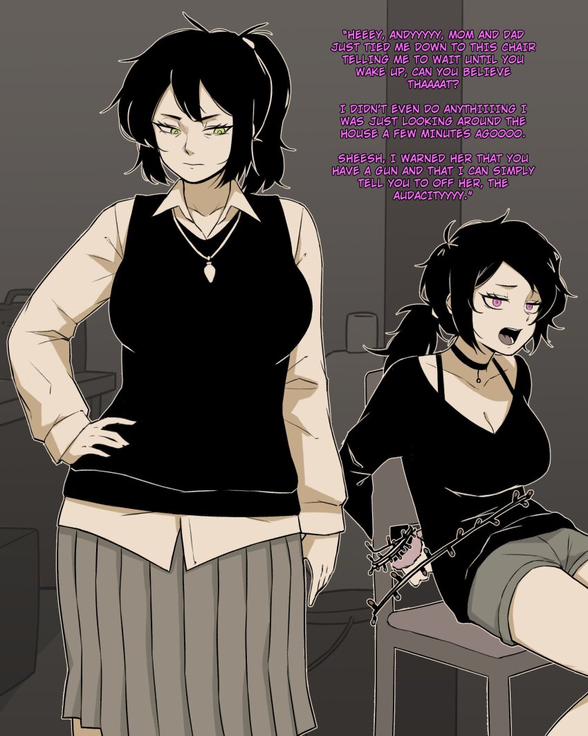 2girls, absurdres, ashley_graves, bound, bra_strap, breasts, chair, choker, cleavage, commentary, english_commentary, english_text, greyscale, hand_on_own_hip, highres, jewelry, large_breasts, mature_eyes, mature_female, medium_skirt, monochrome, mother_and_child, mother_and_daughter, multiple_girls, necklace, open_mouth, parent_and_child, pendant, pink_eyes, pleated_skirt, ponytail, renee_graves, short_shorts, shorts, skirt, spot_color, sweater_vest, the_coffin_of_andy_and_leyley, tied_up_(nonsexual), yblndr, yellow_eyes